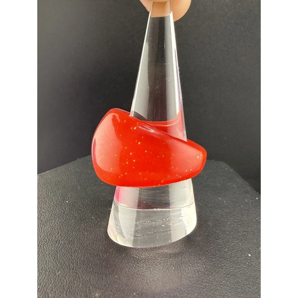 Vintage Ring Red Acrylic Gold Flake Chunky Dome Size 10